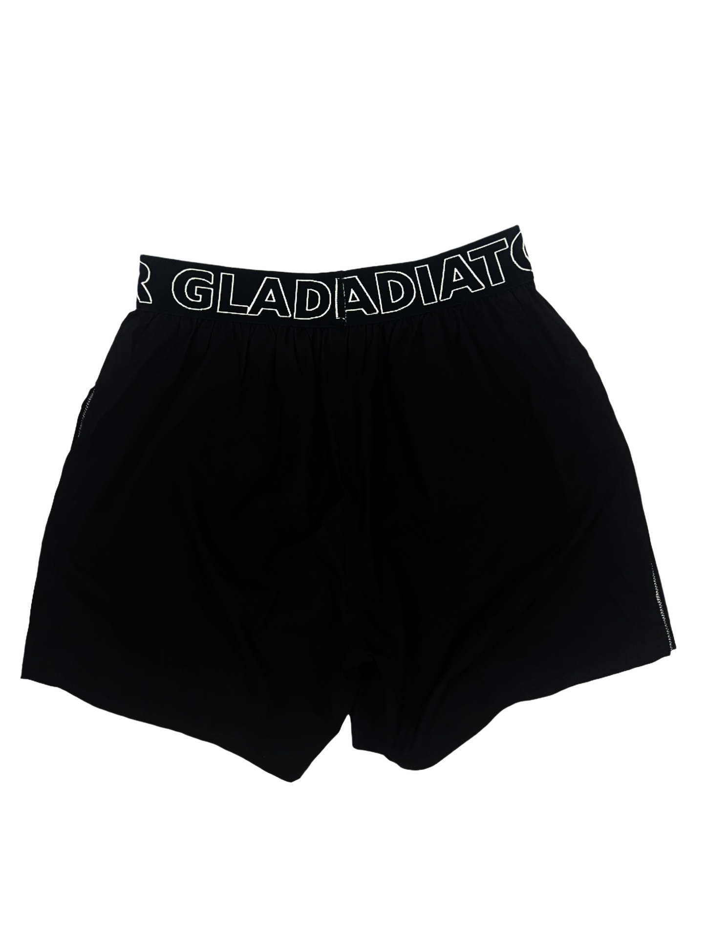 Black athletic shorts with a wide waistband reading "GLADIATOR" and a graphic of crossed swords on the lower right side, featuring a contrasting inner lining that peeks from the left side.